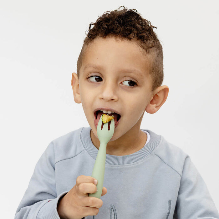 Happy Utensils in Sage by ezpz / Silicone Spoon, Fork and Knife Set for Kids #color_sage