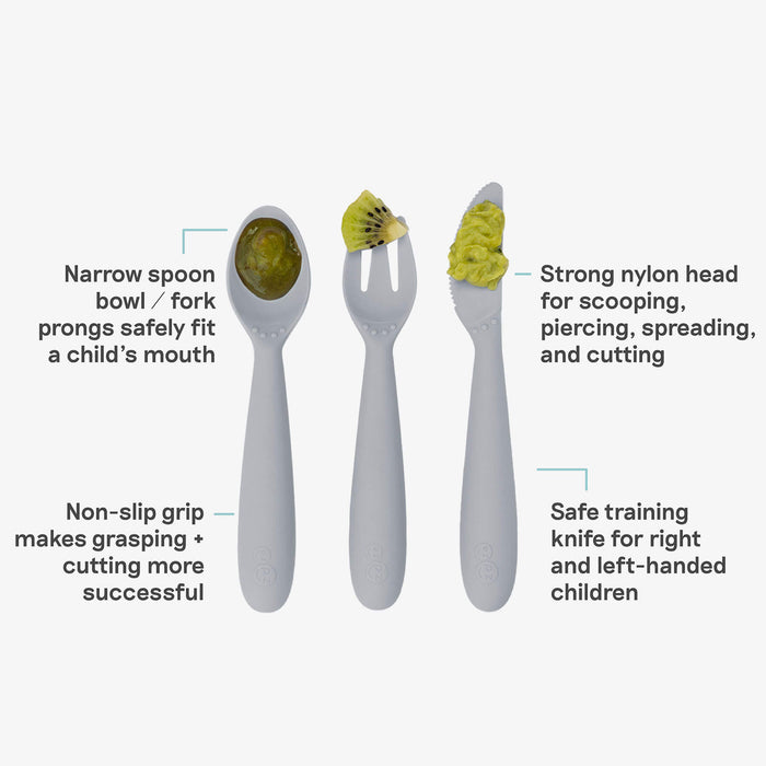 Happy Utensils in Pewter by ezpz / Silicone Spoon, Fork and Knife Set for Kids #color_pewter