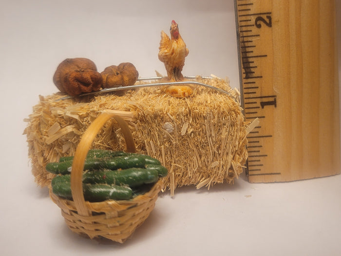Haybale with Chicken and Cucumbers in Woven Basket