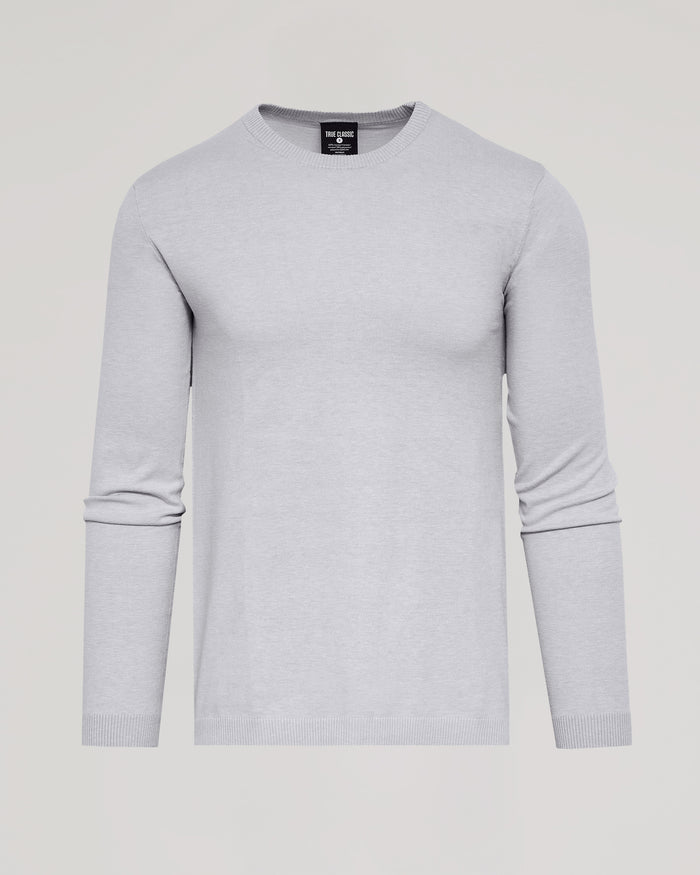 Heather Gray Dressy Crew Neck Sweater, fitted with ribbed edges and label.