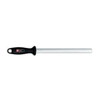 Stainless Steel Knife Sharpening steel with black handle on a white background