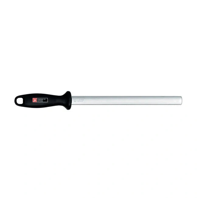 Stainless Steel Knife Sharpening steel with black handle on a white background