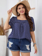 Trendsi honey polka dot blouse for women styled with denim shorts and a sun hat