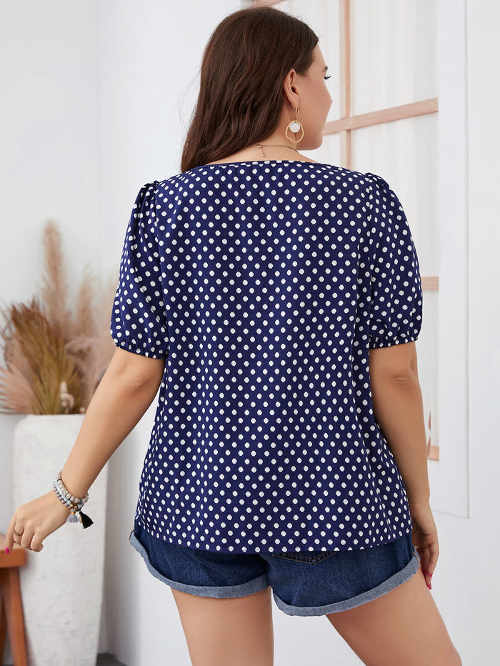 Trendsi honey polka dot blouse for women in navy with white dots and short puff sleeves