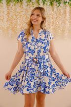 Women's Blue and White Tropical Print Dress- Women's Vacation Dresses- Aakaa Dresses