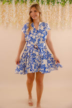 Women's Blue and White Tropical Print Dress- Women's Vacation Dresses- Aakaa Dresses
