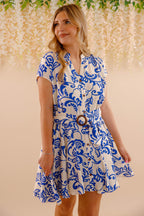 Women's Blue and White Tropical Print Dress- Women's Vacation Dresses- Aakaa Dresses