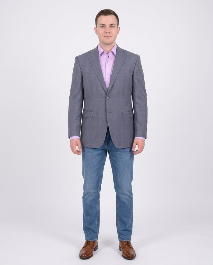 I Uomo Men's Blue Windowpane Plaid Two Button Silk Wool Blazer Sportcoat - The Suit Depot