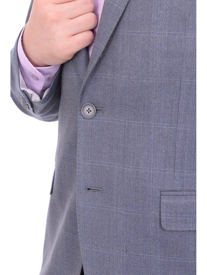 I Uomo BLAZERS I Uomo Men's Blue Windowpane Plaid Two Button Silk Wool Blazer Sportcoat