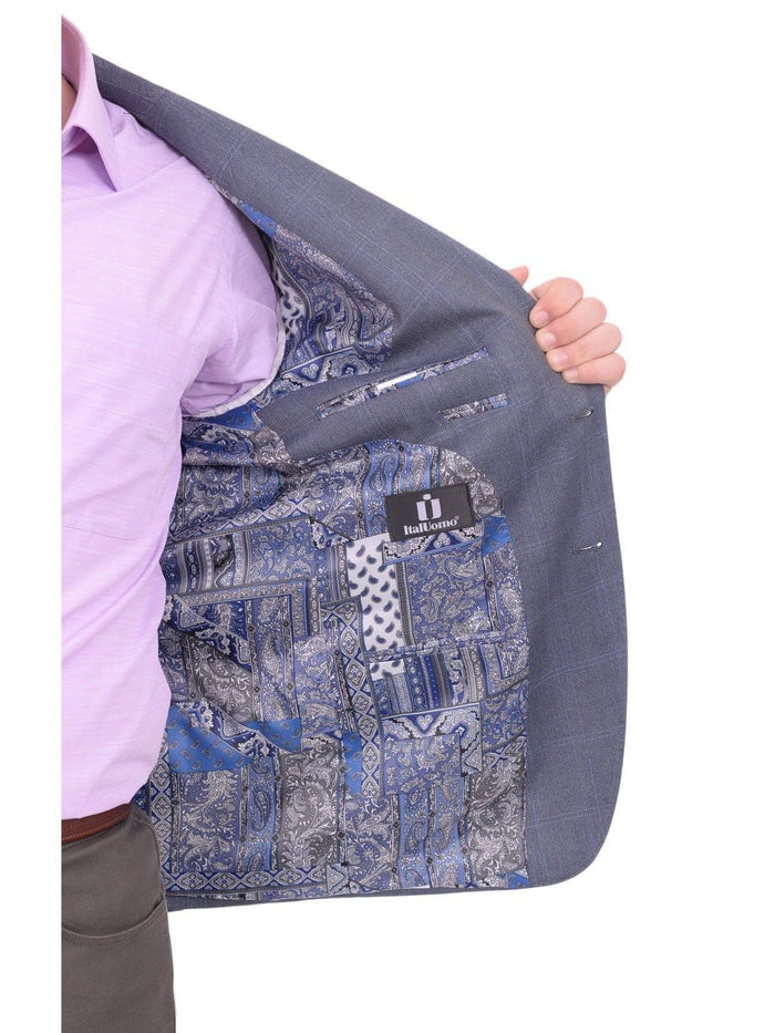 I Uomo BLAZERS I Uomo Men's Blue Windowpane Plaid Two Button Silk Wool Blazer Sportcoat