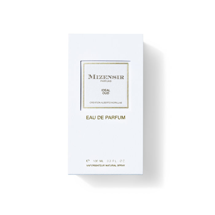 A white perfume box labeled "Mizensir Ideal Oud" with gold accents, featuring "Eau de Parfum" and 100ml details.