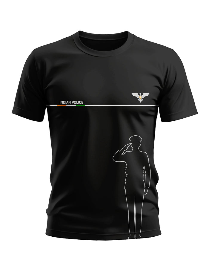 Black t-shirt with Indian Police text, eagle emblem, and saluting officer outline graphic