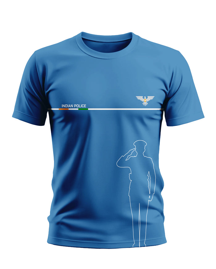 Blue men's t-shirt with Indian Police text, saluting officer graphic, and eagle emblem.