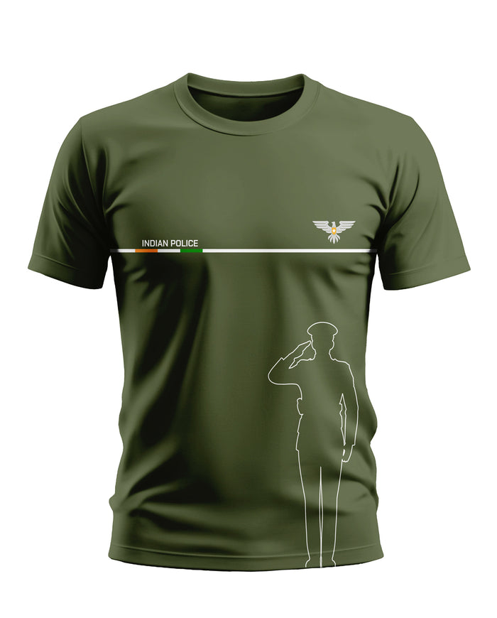Olive green men's t-shirt with Indian Police text, eagle emblem, and saluting officer graphic