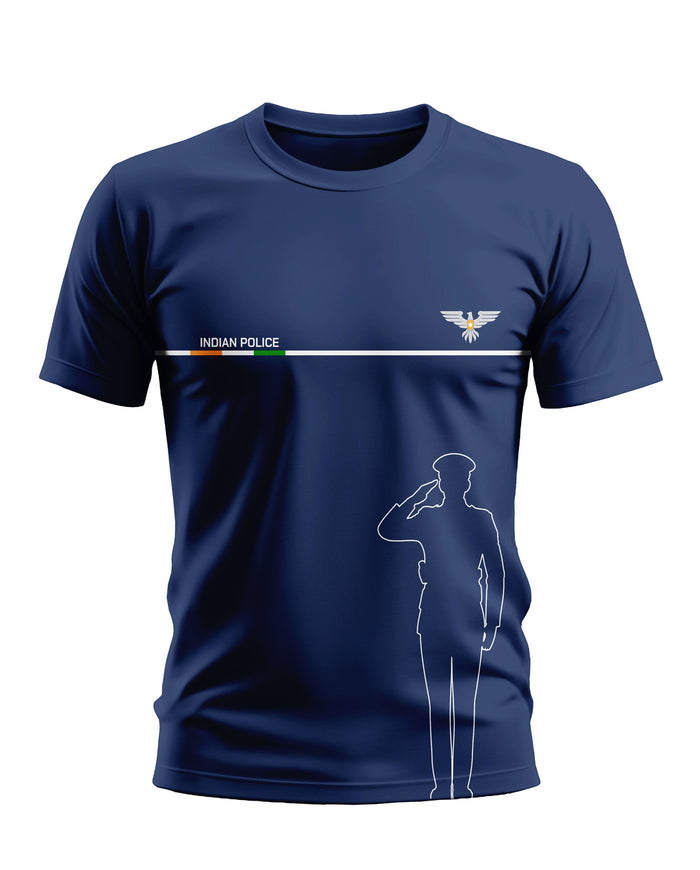 Navy blue men's t-shirt with Indian Police text, eagle logo, and saluting officer graphic