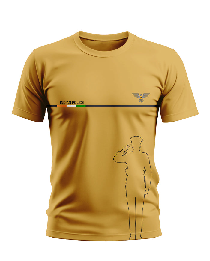 Yellow crew neck t-shirt with 'Indian Police' text, police badge, and saluting officer graphic.