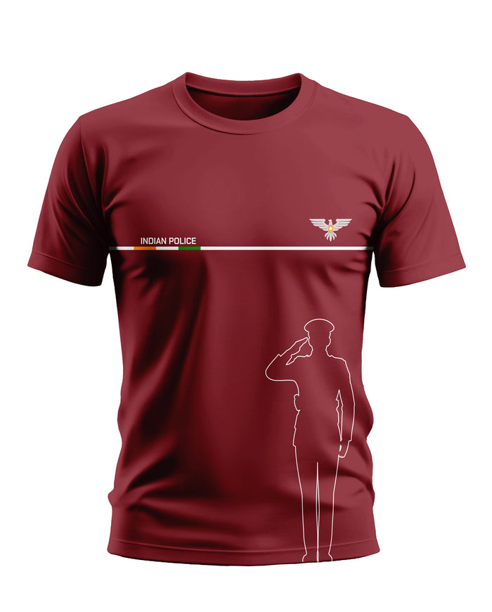 Maroon men's t-shirt with Indian Police text, eagle emblem, and saluting officer outline graphic