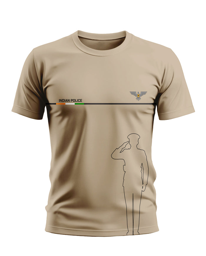 Beige men's t-shirt featuring Indian Police text, eagle emblem, and saluting officer outline.
