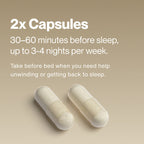 Two white capsules on a beige background with instructions for taking Inositol 30 to 60 minutes before sleep, up to three to four nights per week for relaxation and sleep support.