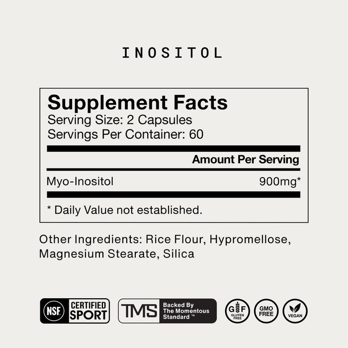 Supplement facts for Inositol showing serving size of 2 capsules, each serving contains 900mg of Myo-Inositol with additional ingredients rice flour, hypromellose, magnesium stearate, and silica.