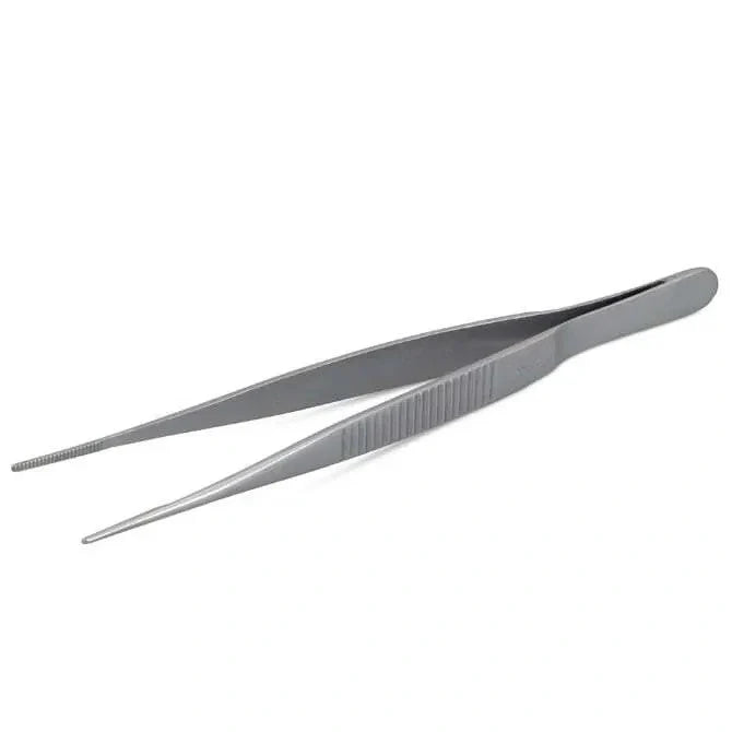 Pair of silver JB Prince tweezers on a white background.