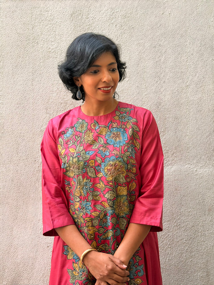 Kalamkari Applique Silk Kurta Set