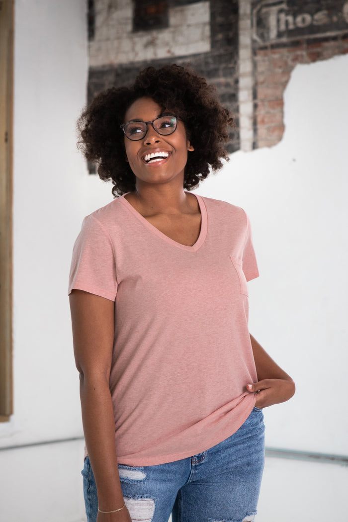 Ladies Eco-Triblend Drop Hem V-Neck Pocket Tee