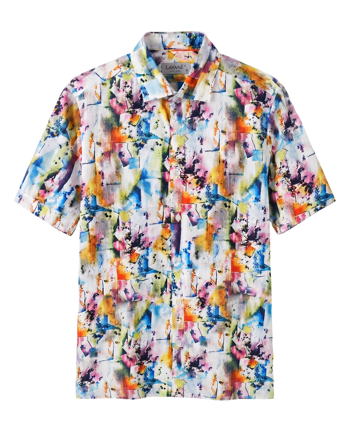 Lavane Mens Multi-Color Abstract Print Spread Collar Short Sleeve Button-Up Shirt