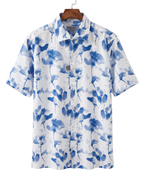 Lavane Mens White & Blue Floral Spread Collar Short Sleeve Button-Up Shirt