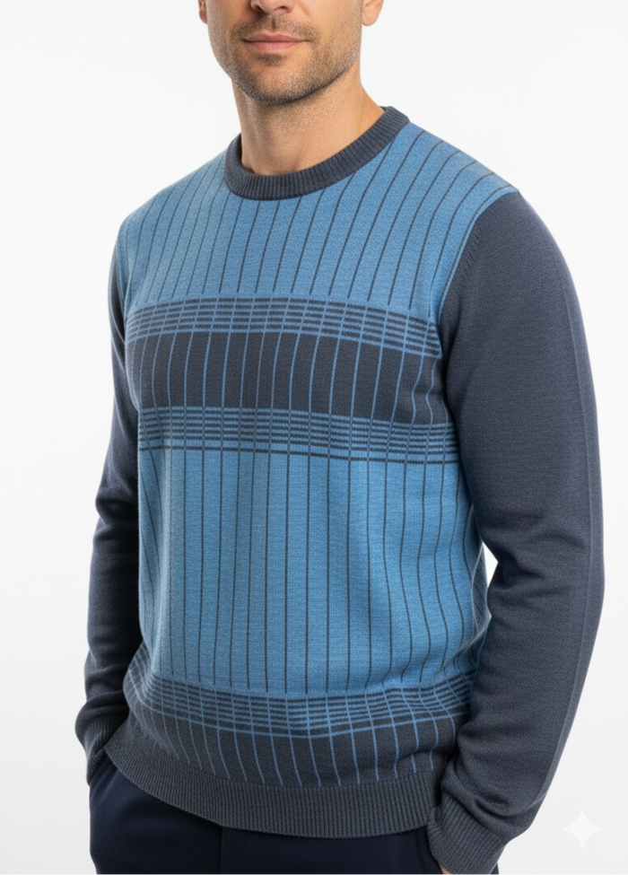 Lavane N.Y. Blue Striped Colorblock Knit Crewneck Sweater