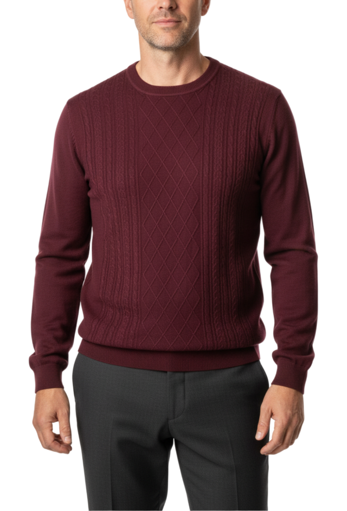 Lavane N.Y. Burgundy Textured Diamond Knit Crewneck Pullover Sweater
