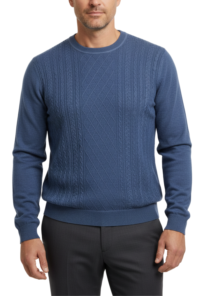 Lavane N.Y. Heather Blue Textured Diamond Knit Crewneck Pullover Sweater