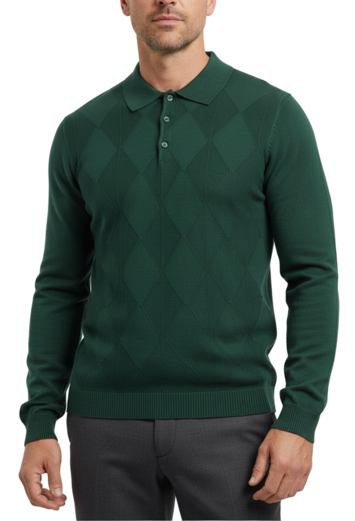 Lavane N.Y. Mens Hunter Green Diamond Knit Polo Sweater Shirt - The Suit Depot