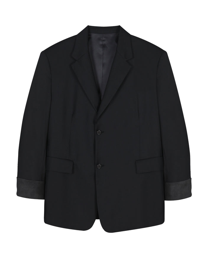 Leather Reveal Sleeve Wool Blazer_Black