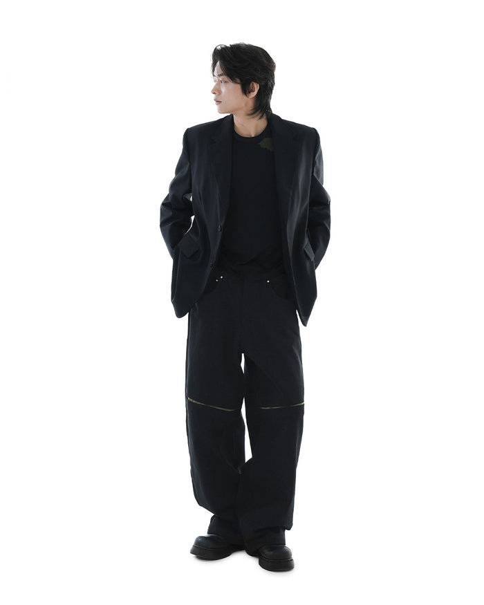 Leather Reveal Sleeve Wool Blazer_Black