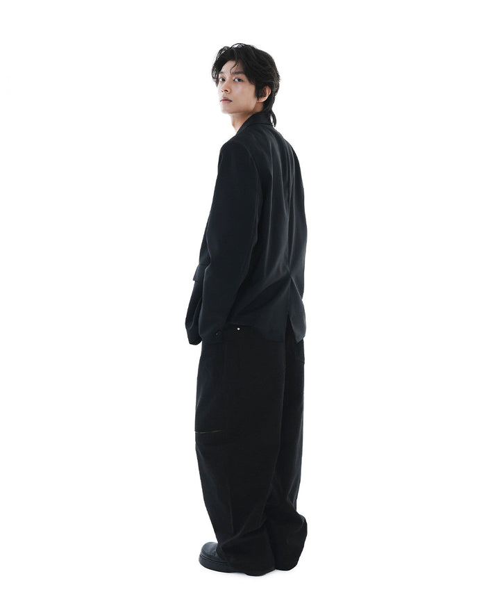 Leather Reveal Sleeve Wool Blazer_Black