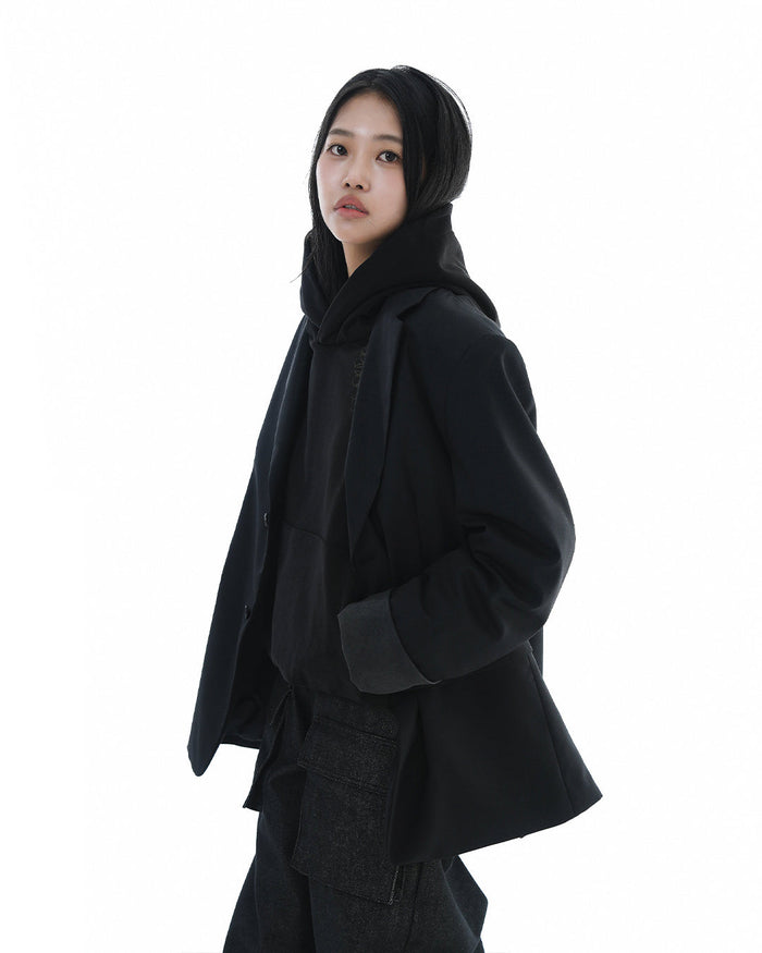 Leather Reveal Sleeve Wool Blazer_Black
