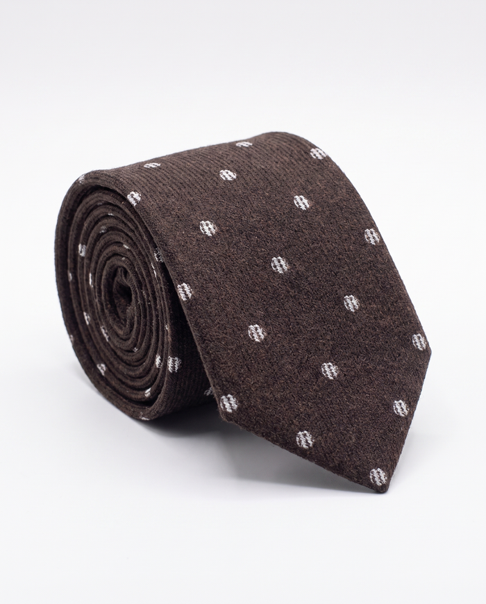 Letteriello Brown with While Polka Dots pattern Italian Wool Silk Blend Neck Tie