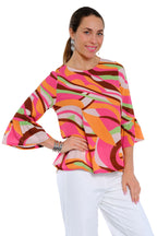 LIOR Millie pink multi swirl printed bell sleeve top for women, lightweight wrinkle-friendly travel blouse