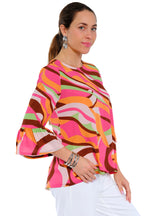 Women’s 3/4 bell sleeve printed blouse by LIOR in pink and multi-color swirl, relaxed fit
