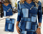 Lorynne - Pull Patchwork Denim à Col Croisé Élégant