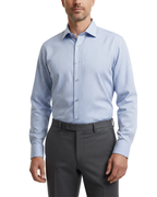 Mens Check Blue And White Slim Fit Cotton Blend Stretch Spread Collar Dress Shirt - The Suit Depot