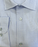 Mens Check Blue And White Slim Fit Cotton Blend Stretch Spread Collar Dress Shirt - The Suit Depot