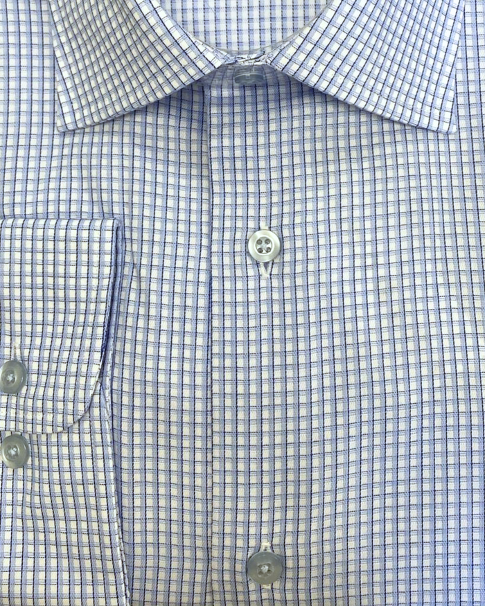 Mens Check Blue And White Slim Fit Cotton Blend Stretch Spread Collar Dress Shirt - The Suit Depot