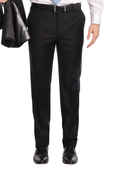 Mens Classic Fit Solid Black Flat Front Wool Prehemmed Dress Pants