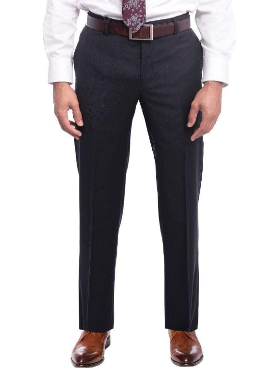 Mens Slim Fit Solid Navy Flat Front Wool Prehemmed Dress Pants