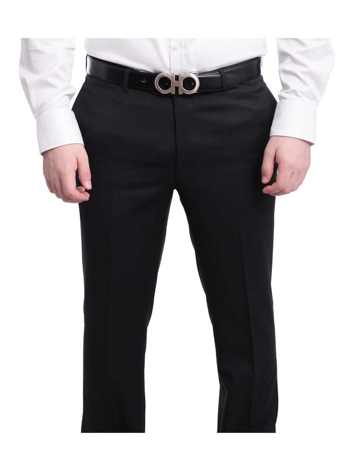 Napoli Slim Fit Black Textured Flat Front Wool Dress Pants - The Suit Depot