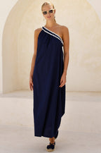 One Shoulder Cotton Dobby Ric Rac Dress | Navy/Ivory