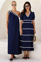 One Shoulder Cotton Dobby Ric Rac Dress | Navy/Ivory
