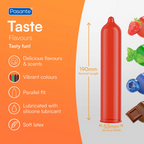 An illustration of a Pasante Taste Flavours condom. To the left are a list of features with icons: "Delicious flavours & scents," "Vibrant colours," "Parallel fit," "Lubricated with silicone lubricant," and "Soft latex." To the right, the dimensions are shown as "190mm Nominal Length" and "53mm Nominal Width."